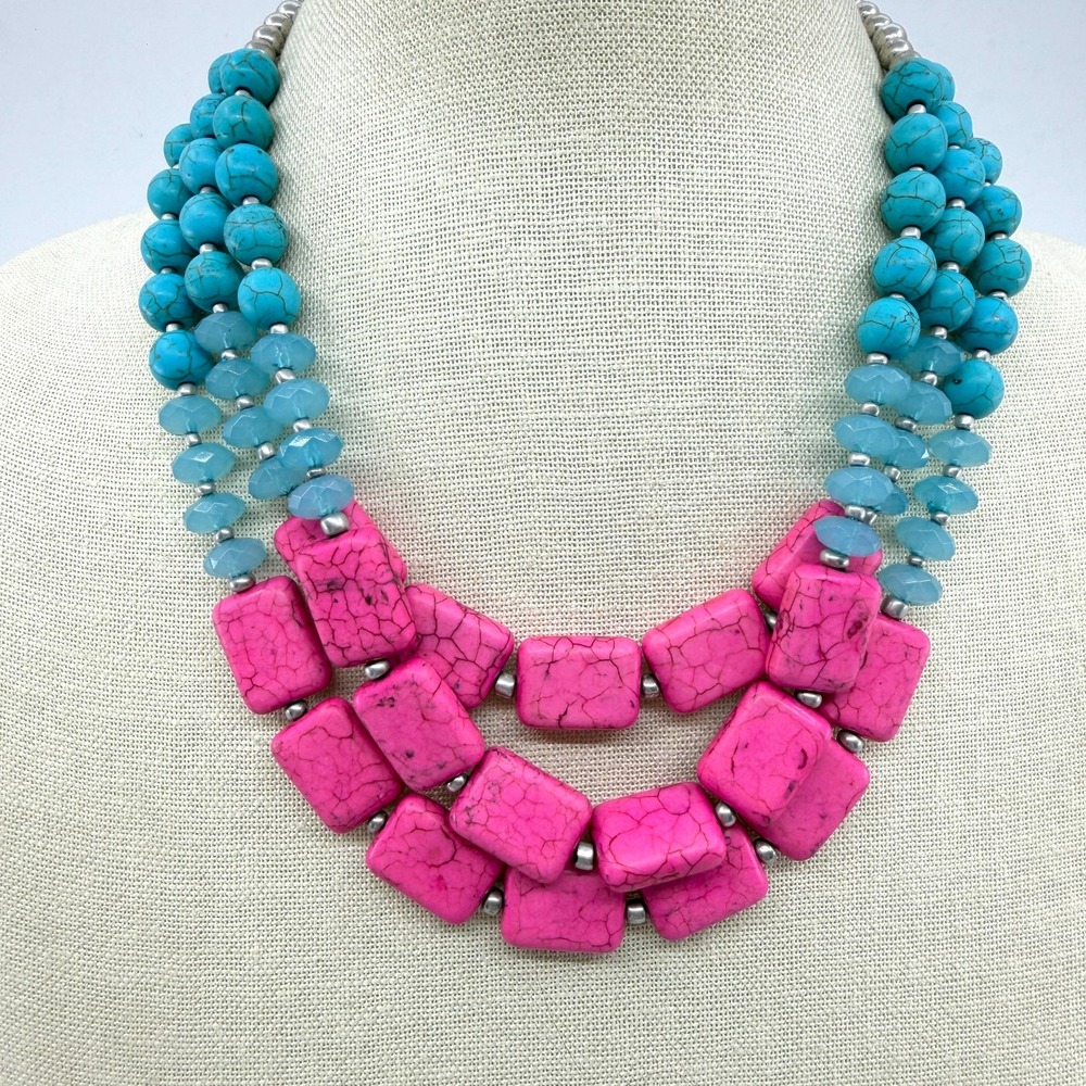 Hot Pink Turquoise Blue Bead Triple Strand Necklace Chunky Boho Statement Gift